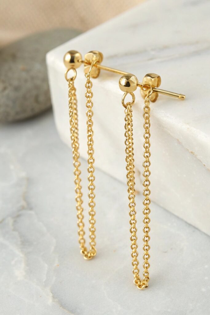 Linear Chain Gold Earrings with Fixed Stud Top