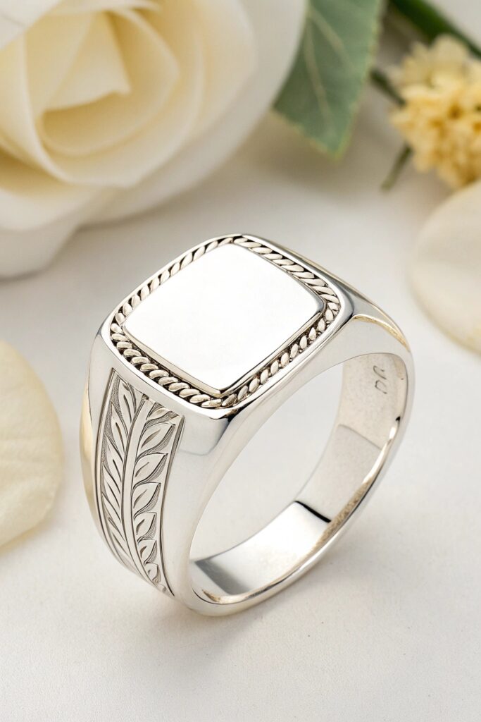 Square Signet Ring with Engraved Line Detail